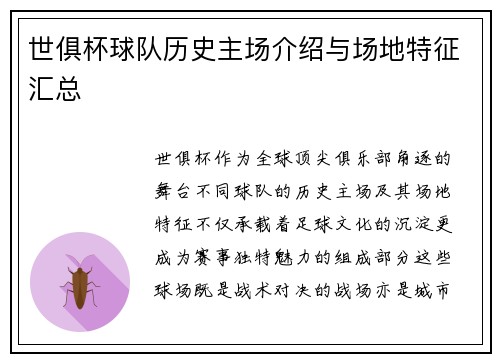 世俱杯球队历史主场介绍与场地特征汇总